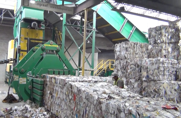 Baled newspapers at Great Northern Fibers NY recycling plant